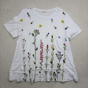 Jess & Jane White Floral Tunic Top XL Short Sleeve Spring Summer Ruffle Colorful